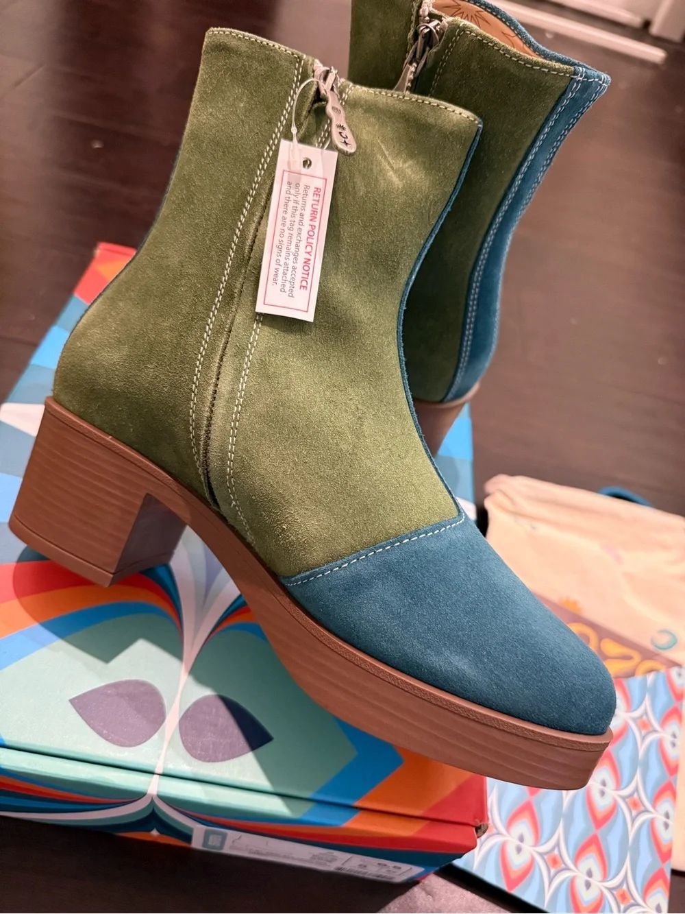 Two-Tone Green and Teal Suede Block Heel Booties